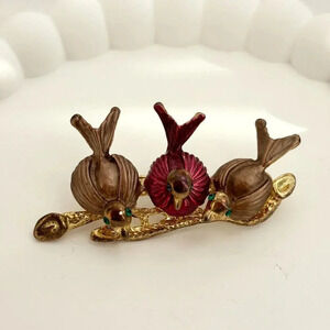 Gold & Red Toned Vintage Perched Bird Green Rhinestone Eyed Retro Boho Brooch